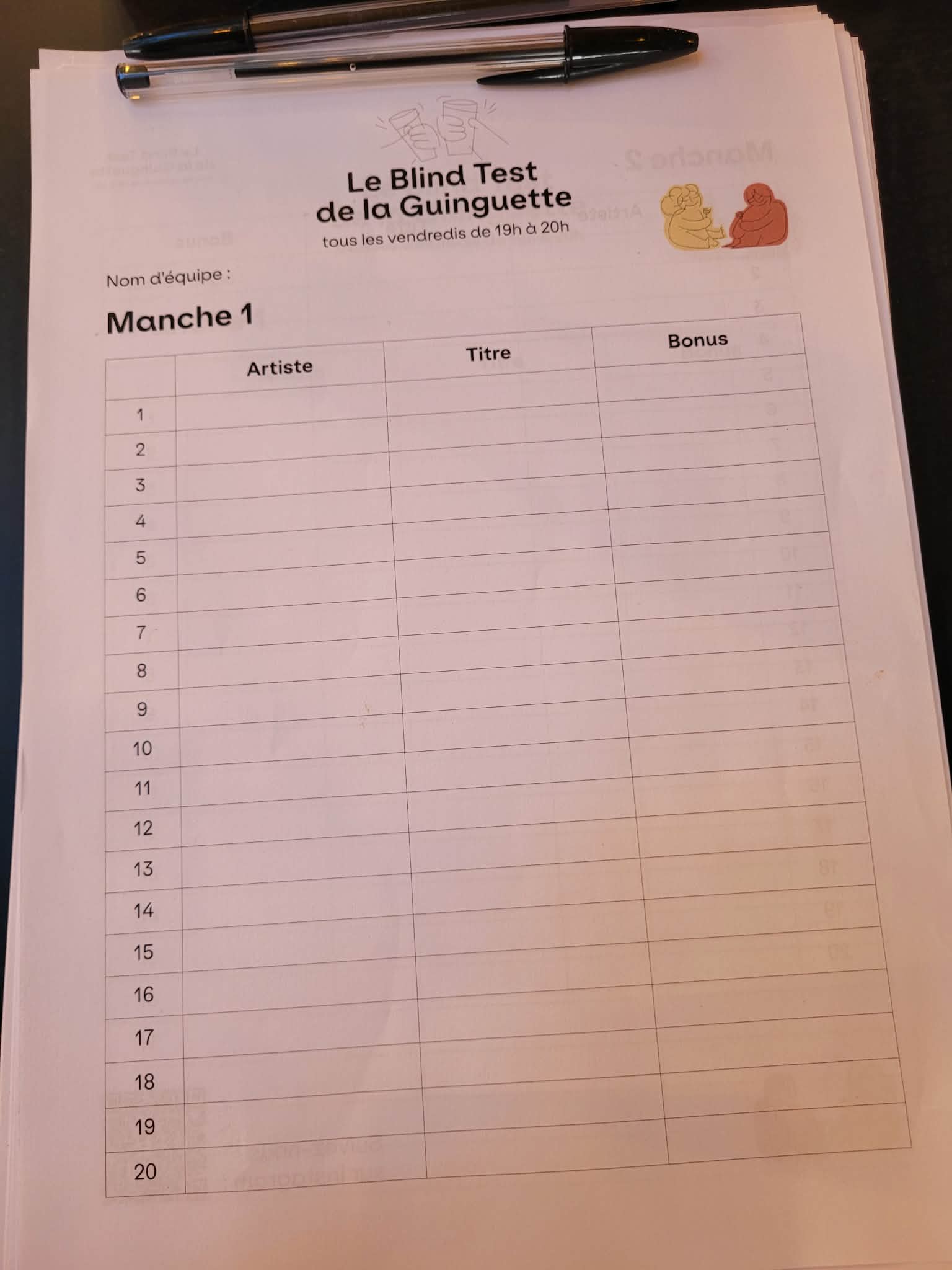 Feuille de réponses de Blind Test avec colonnes Artiste, Titre et Bonus
