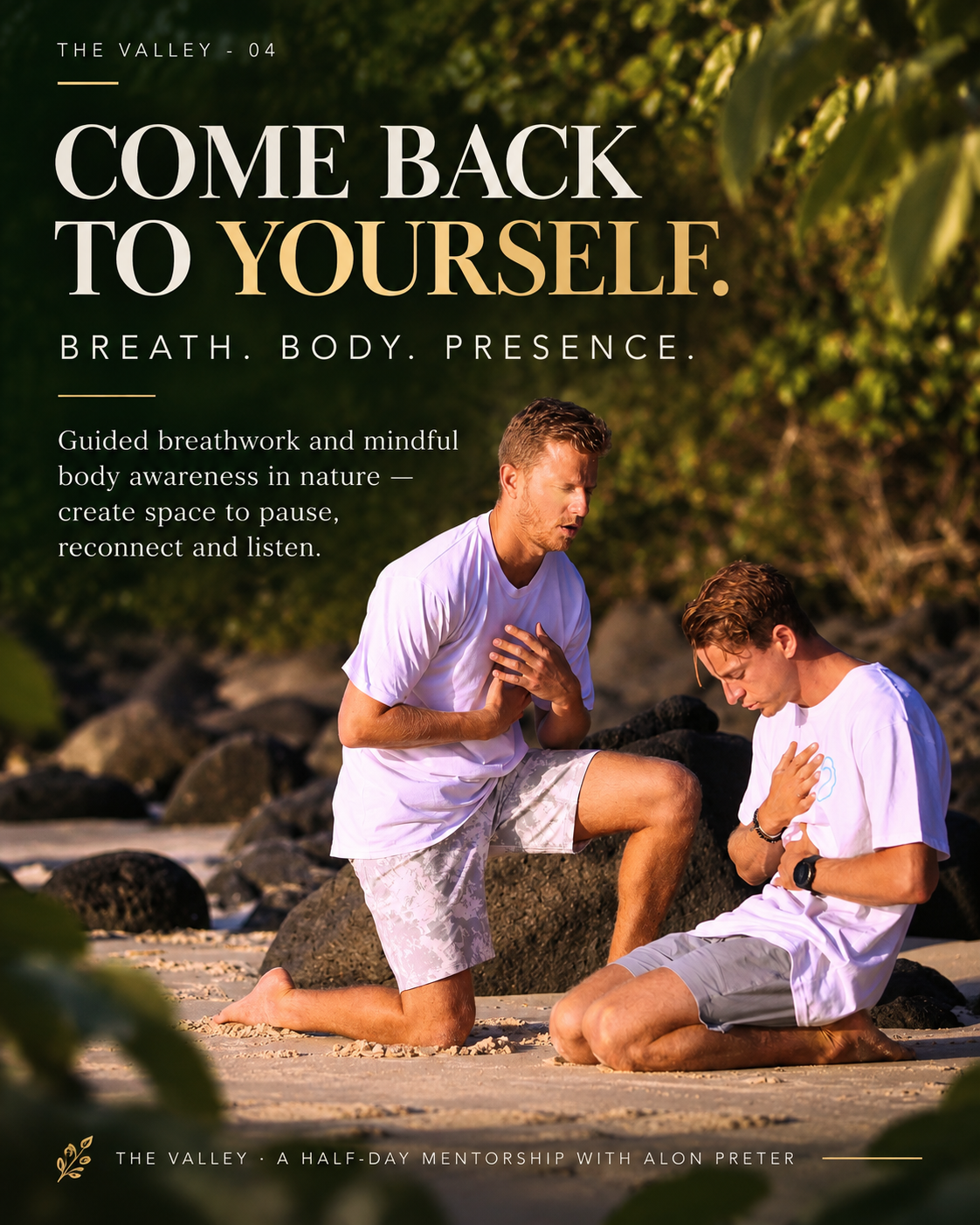 Two men kneeling on the sand with hands resting on their chests, breathing