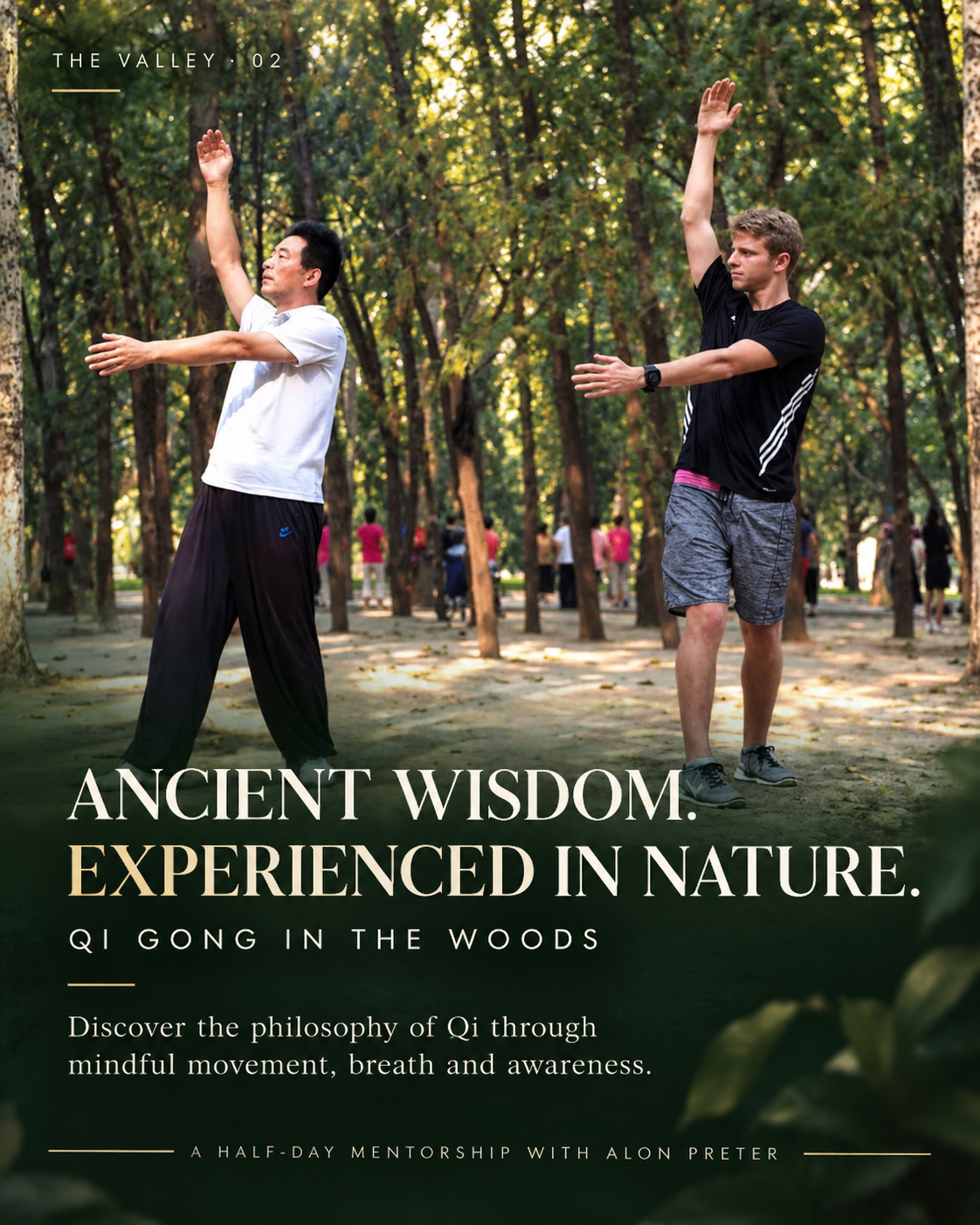 Two men practising Qi Gong among the trees