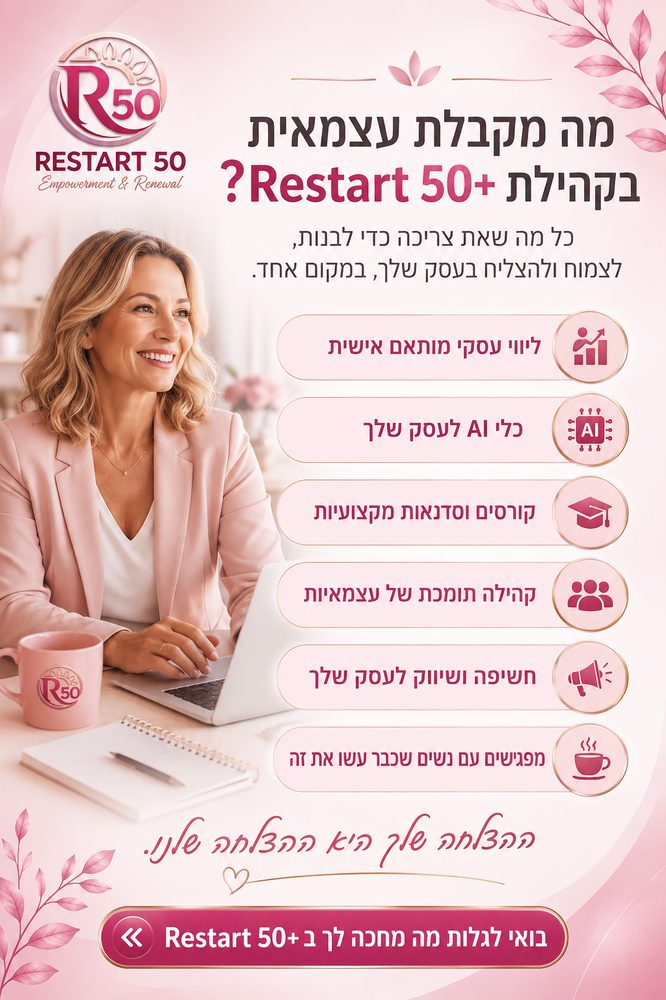 אינפוגרפיקה: מה מקבלת עצמאית בקהילת ReStart 50+ – ליווי עסקי אישי, כלי AI, קורסים וסדנאות מקצועיות, קהילה תומכת וחשיפה ושיווק לעסק, ההצלחה שלך היא ההצלחה שלנו