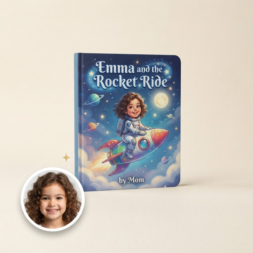 The personalized children's book with the child's photo in a circle at the bottom left