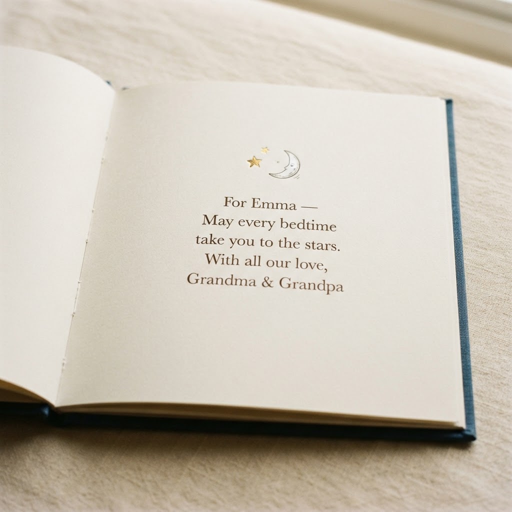 Close-up of the book's dedication page with a personal message from Grandma and Grandpa