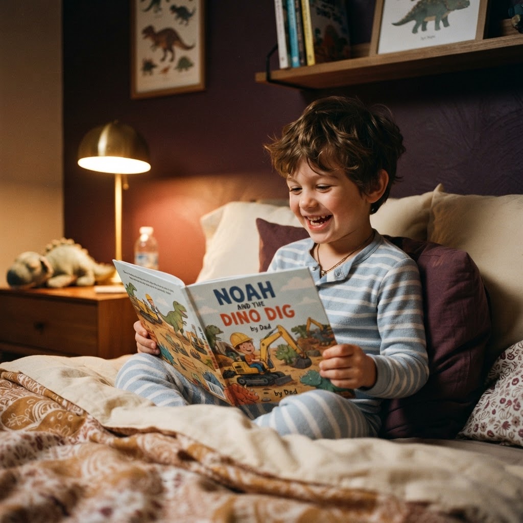 A boy in pajamas reading his personalized book in bed