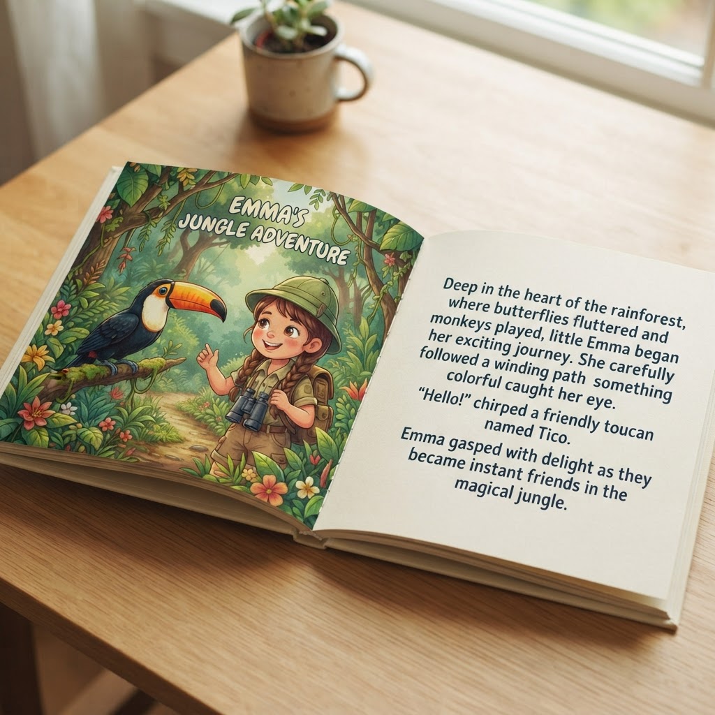 Open personalized storybook showing an illustrated jungle spread with the child's name in the story