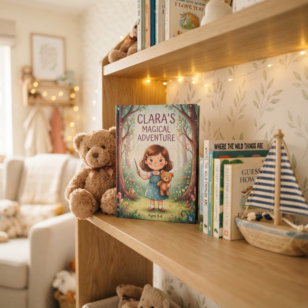 The personalized book standing on a cozy nursery shelf with a teddy bear and warm string lights