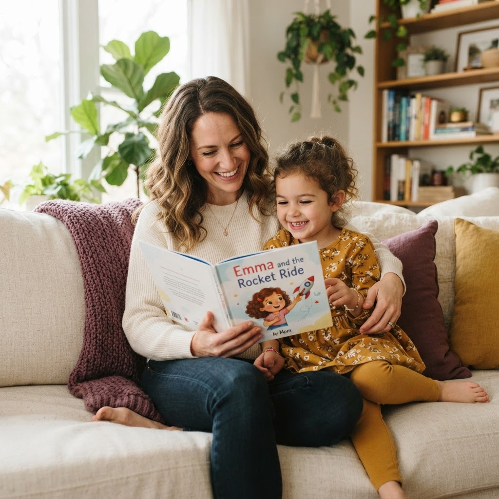 A mother and daughter reading a personalized children's book together on the sofa