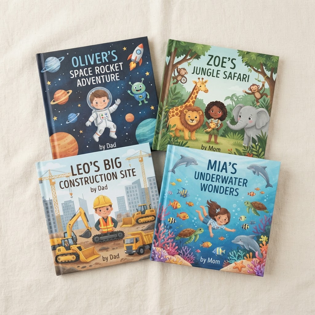 Four personalized children's book covers in different story worlds