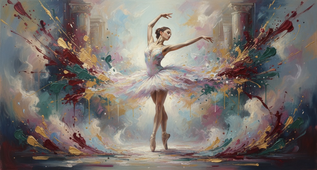Public art mural of a ballerina with expressive splashes of color