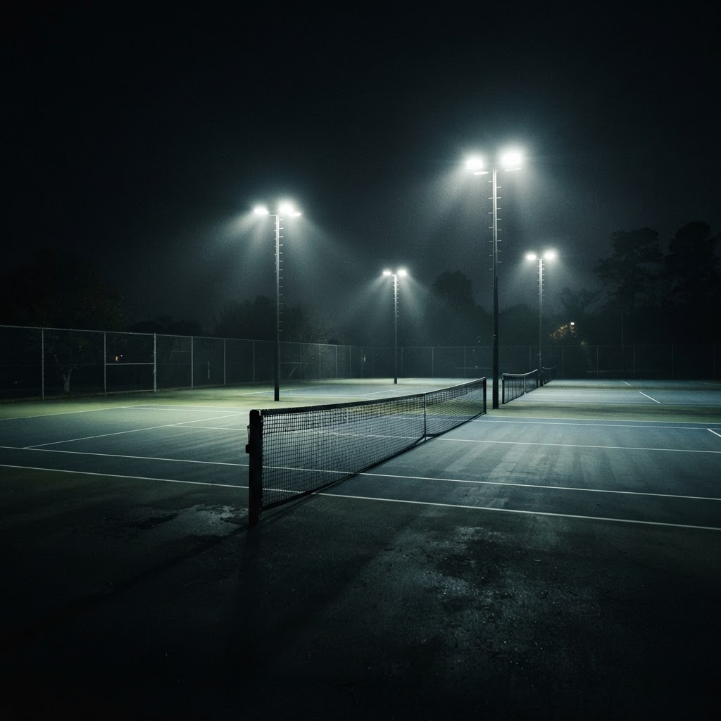 Tennis court at night under stadium lights