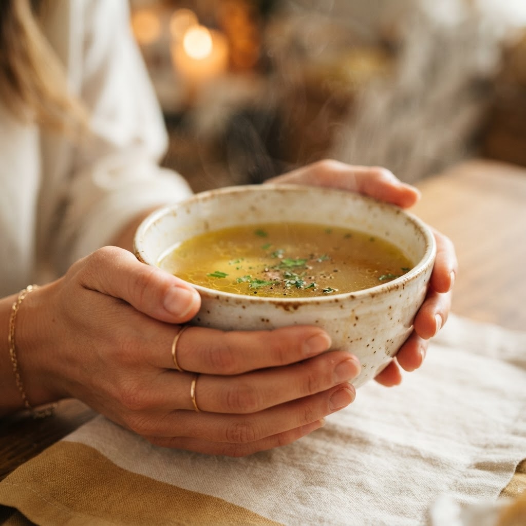 Close-up of a mother looking at her brittle fingernails with a healthy food background