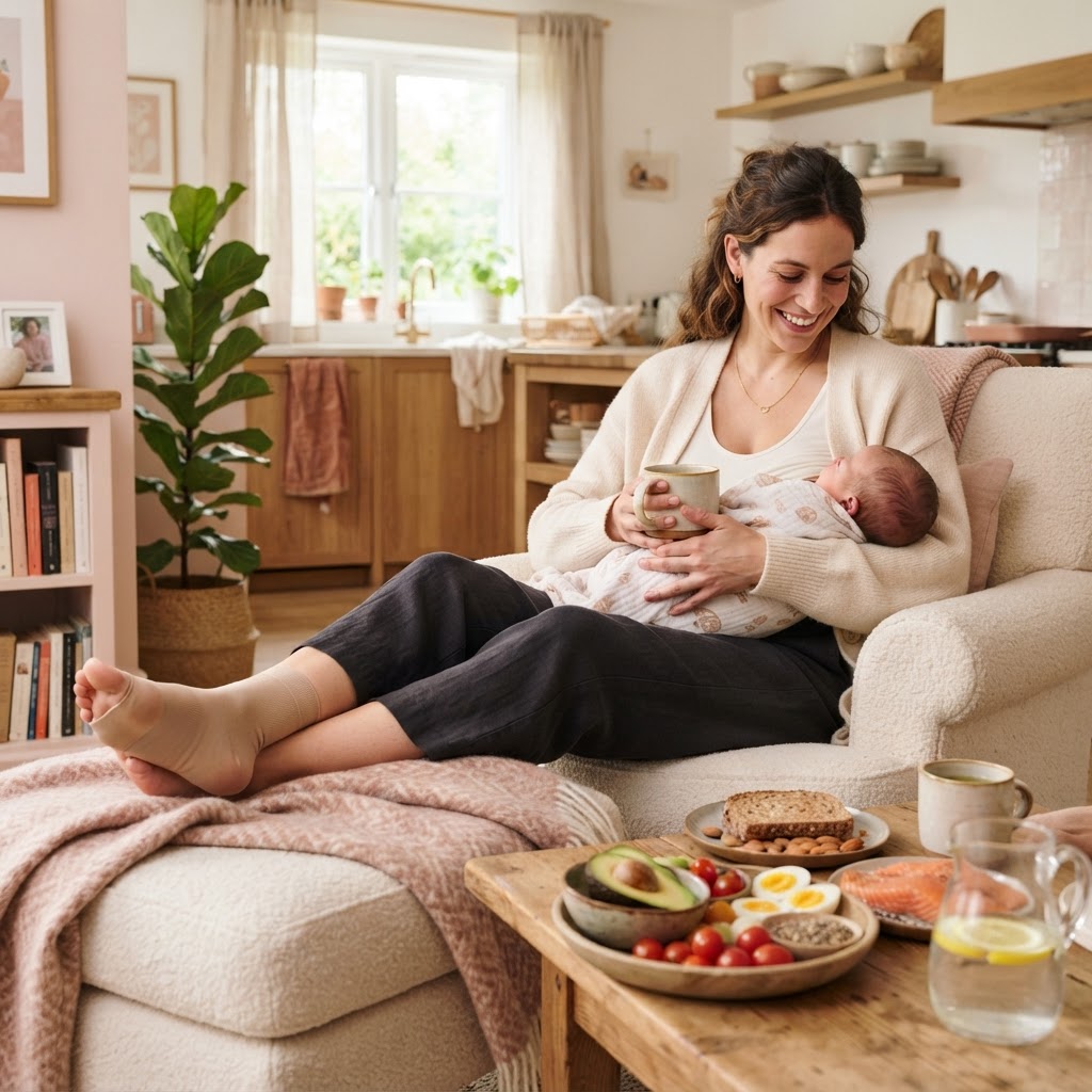 Close up of a mother's legs and swollen ankles needing postpartum support