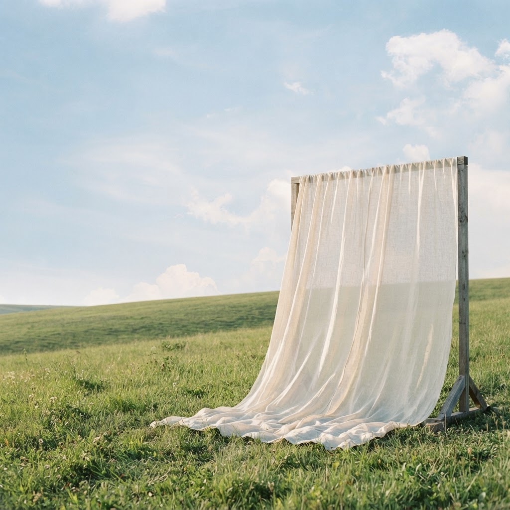 A sheer ivory backdrop billowing in a hillside field beneath a soft blue sky