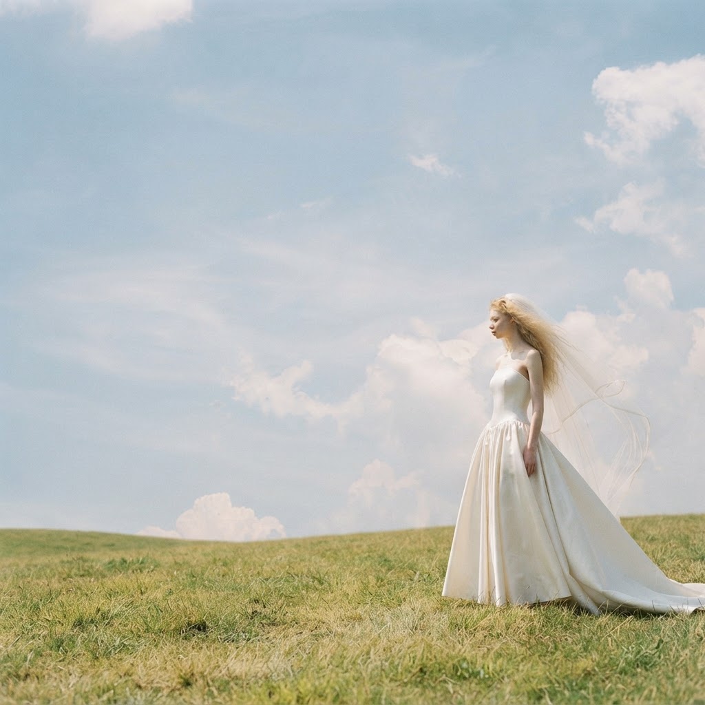 A bride in an ivory gown standing in a meadow beneath a wide, cloud-filled summer sky