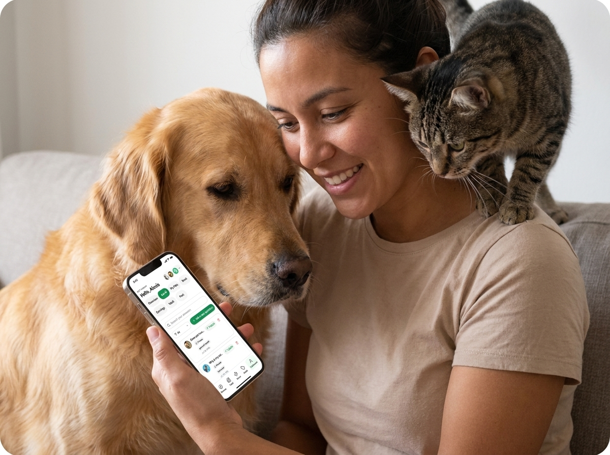 Pet parent with her dog and cat viewing her pet's profile in the PawAide app