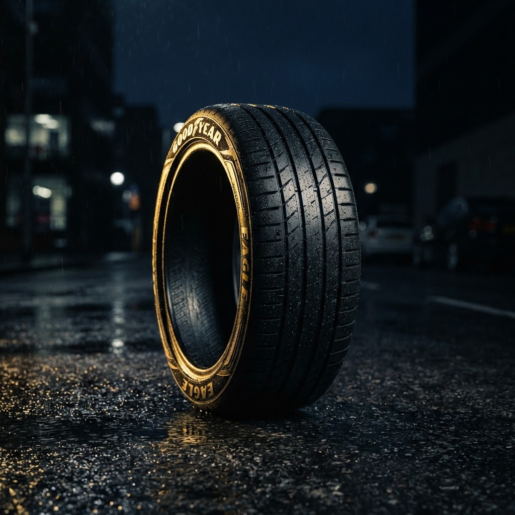 Dramatic Goodyear tire on wet asphalt