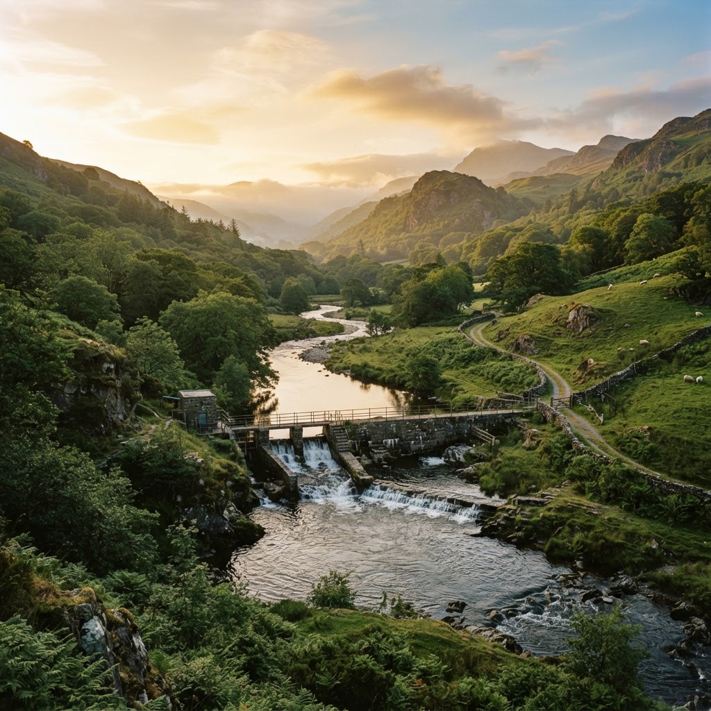 Hydro installation in a green river valley at golden hour