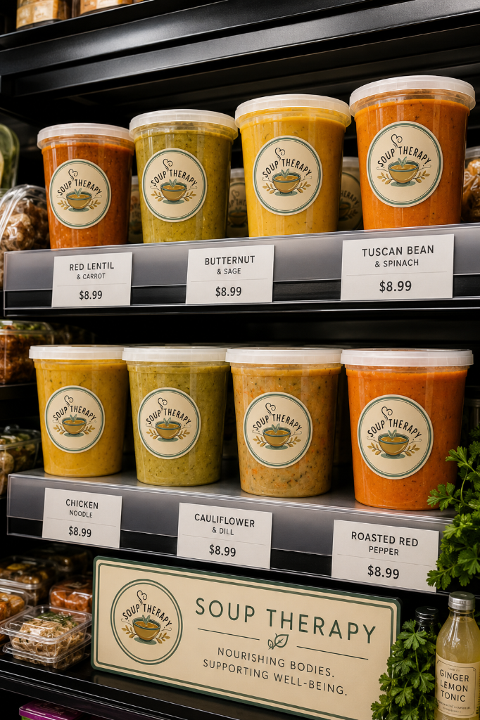 Soup Therapy soups on a retail display