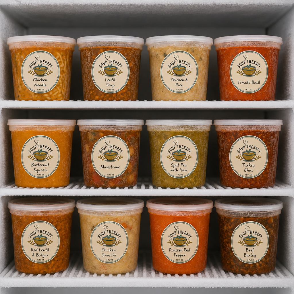 Freezer stocked with Soup Therapy containers