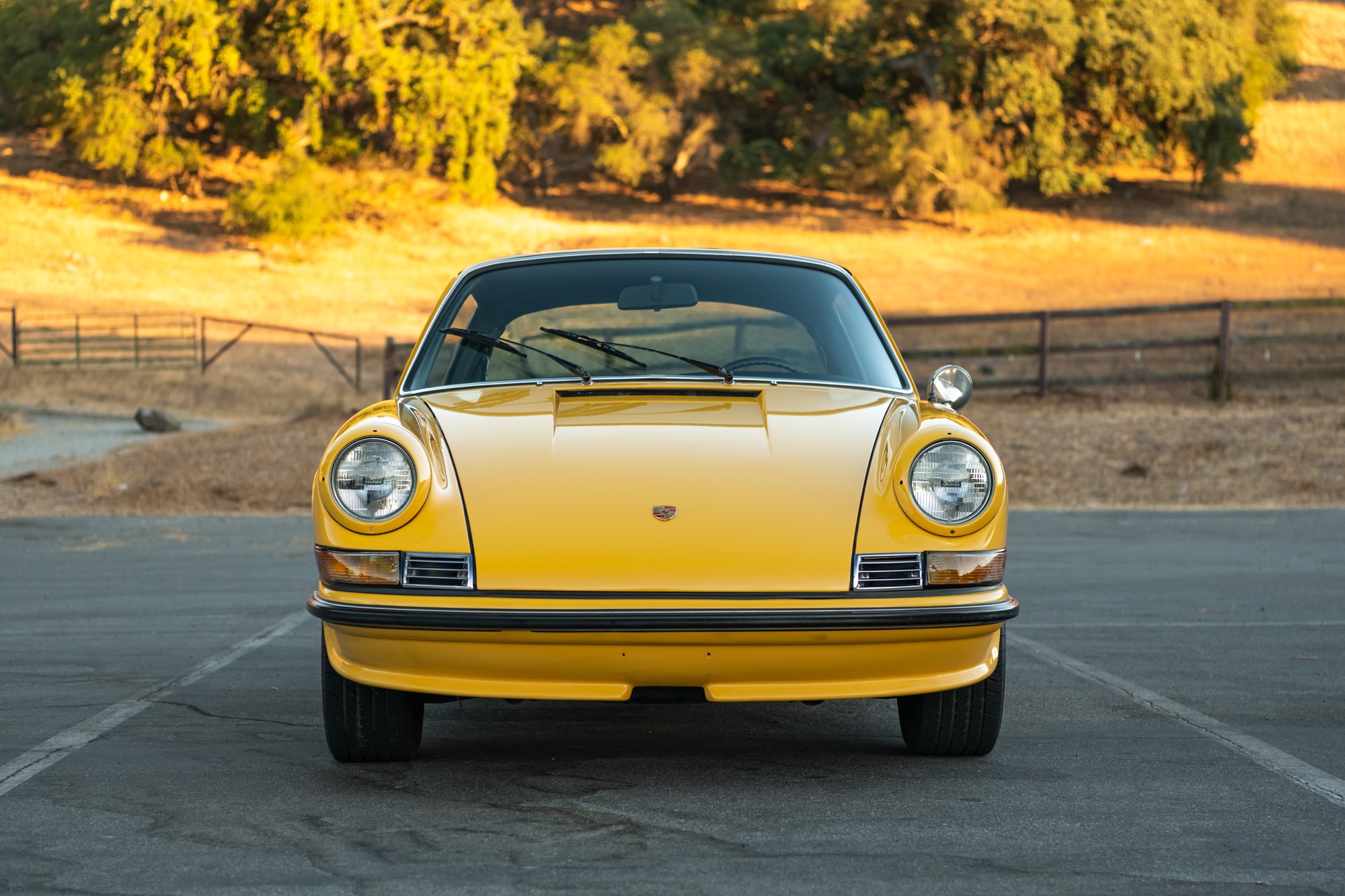 Porsche 912 Targa in yellow, three-quarter front view, dealership photography by Sharplite Media, Bay Area