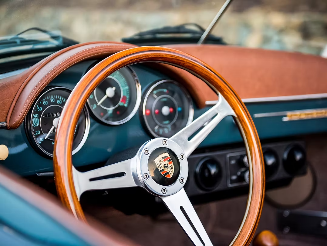 Porsche Speedster rear wing detail, golden-hour dealership photography by Sharplite Media, Bay Area