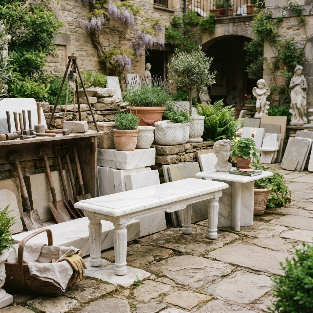 Polished White Carrara Marble Garden Bench