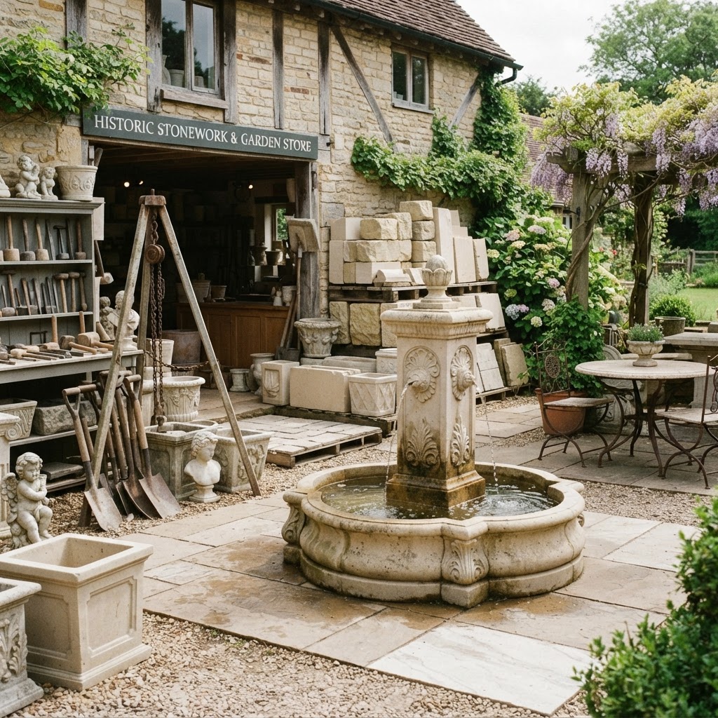 Hand-Carved Portland Stone Garden Fountain