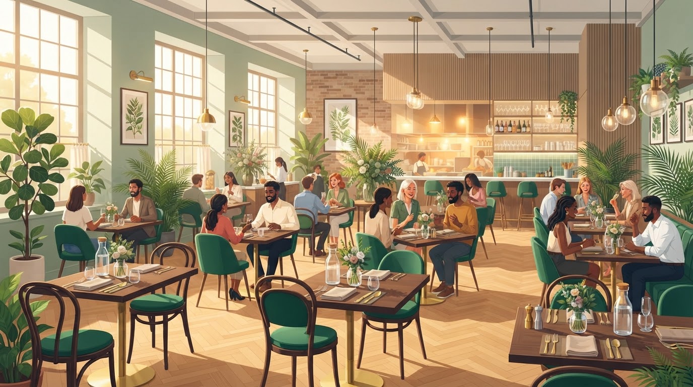 Modern sunlit bistro dining room