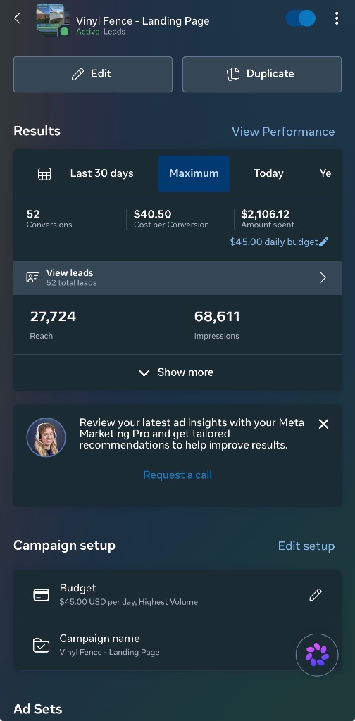 Meta Ads Manager — Vinyl Fence Campaign Results