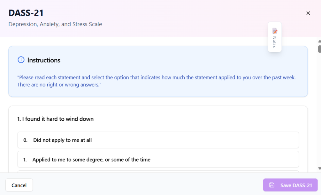 DASS-21 questionnaire with instructions