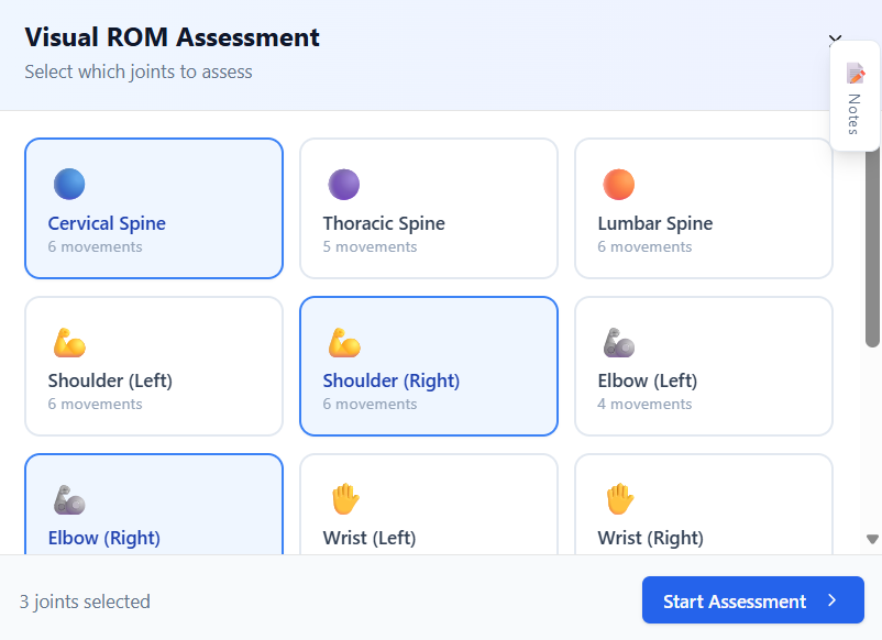 Visual ROM Assessment — joint selector