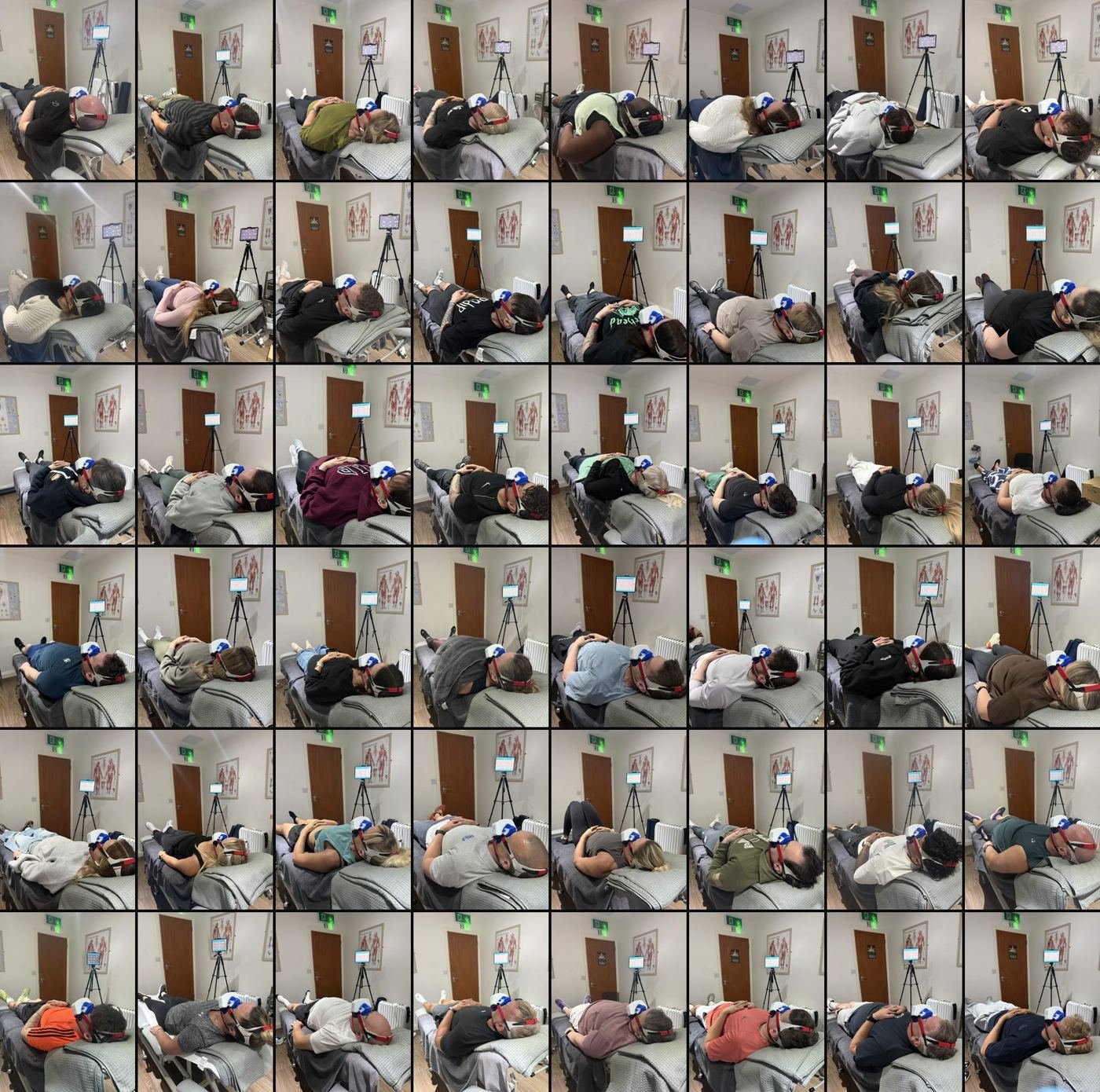 A wall of 48 photos of clients having their resting metabolic rate tested