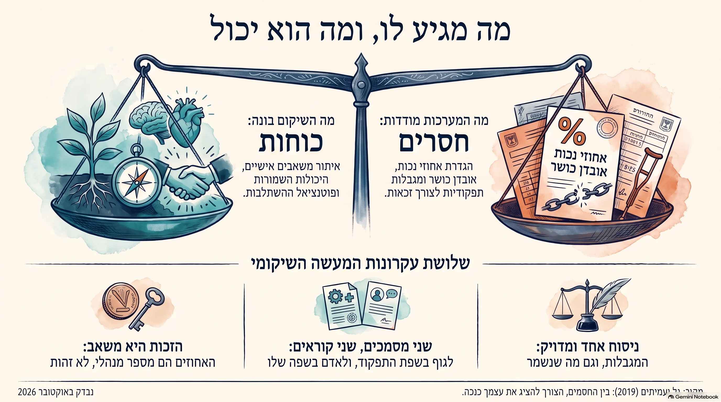 אינפוגרפיקה בשם "מה מגיע לו, ומה הוא יכול". במרכז מאזניים: בצלחת השמאלית (כוחות) צמח, מוח, לב ומצפן, ושתי ידיים לוחצות ידיים מעליה. בצלחת הימנית (חסרים) מסמכים, סימן אחוז וקביים, ושרשרת שבורה. מתחת, שני טורים: "מה השיקום בונה — כוחות: איתור משאבים אישיים, היכולות השמורות ופוטנציאל ההשתלבות" ו"מה המערכות מודדות — חסרים: הגדרת אחוזי נכות, אובדן כושר ומגבלות תפקודיות לצורך זכאות". בתחתית, שלושה עקרונות המעשה השיקומי: הזכות היא משאב — האחוזים הם מספר מנהלי, לא זהות; שני מסמכים, שני קוראים — לגוף בשפת התפקוד, ולאדם בשפה שלו; ניסוח אחד ומדויק — המגבלות, וגם מה שנשמר.
