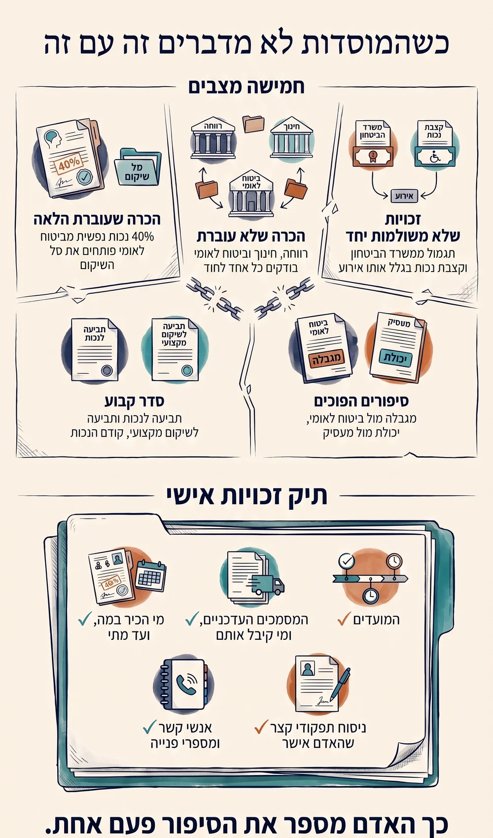 אינפוגרפיקה בשם "כשהמוסדות לא מדברים זה עם זה". בחלק העליון, חמישה מצבים: הכרה שעוברת הלאה — 40% נכות נפשית מביטוח לאומי פותחים את סל השיקום; הכרה שלא עוברת — רווחה, חינוך וביטוח לאומי בודקים כל אחד לחוד; זכויות שלא משולמות יחד — תגמול ממשרד הביטחון וקצבת נכות בגלל אותו אירוע; סדר קבוע — תביעה לנכות ותביעה לשיקום מקצועי, קודם הנכות; סיפורים הפוכים — מגבלה מול ביטוח לאומי, יכולת מול מעסיק. בתחתית, תיק זכויות אישי עם חמישה רכיבים: מי הכיר במה ועד מתי; המסמכים העדכניים ומי קיבל אותם; המועדים; אנשי קשר ומספרי פנייה; ניסוח תפקידי קצר שהאדם אישר. שורת הסיום: כך האדם מספר את הסיפור פעם אחת.