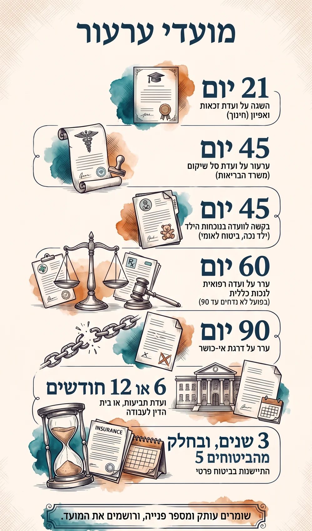 אינפוגרפיקה בשם "מועדי ערעור". שבעה מועדים: 21 יום — השגה על ועדת זכאות ואפיון (חינוך); 45 יום — ערעור על ועדת סל שיקום (משרד הבריאות); 45 יום — בקשה לוועדה בנוכחות הילד (ילד נכה, ביטוח לאומי); 60 יום — ערר על ועדה רפואית לנכות כללית (בפועל לא נדחים עד 90); 90 יום — ערר על דרגת אי-כושר; 6 או 12 חודשים — ועדת תביעות, או בית הדין לעבודה; 3 שנים, ובחלק מהביטוחים 5 — התיישנות בביטוח פרטי. בתחתית: שומרים עותק ומספר פנייה, ורושמים את המועד.