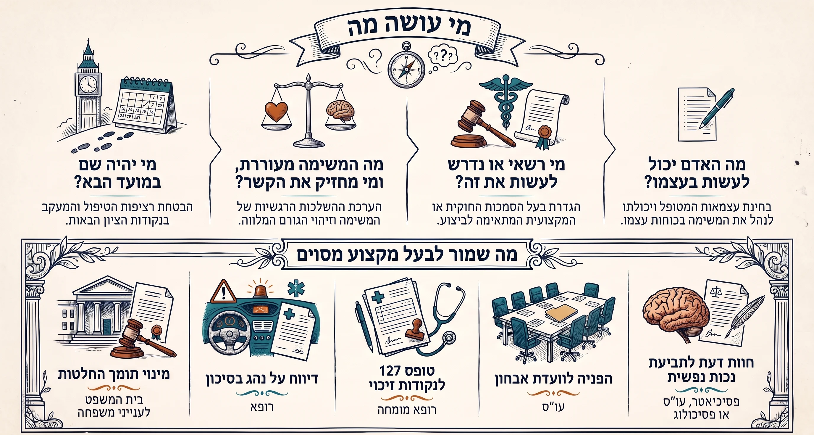 אינפוגרפיקה בשם "מי עושה מה". בחלק העליון, תחת הכותרת הראשית, ארבע שאלות מנחות לכל משימה: מי יהיה שם במועד הבא — הבטחת רציפות הטיפול והמעקב בנקודות הציון הבאות; מה המשימה מעוררת, ומי מחזיק את הקשר — הערכת ההשלכות הרגשיות של המשימה וזיהוי הגורם המלווה; מי רשאי או נדרש לעשות את זה — הגדרת בעל הסמכות החוקית או המקצועית המתאימה לביצוע; מה האדם יכול לעשות בעצמו — בחינת עצמאות המטופל ויכולתו לנהל את המשימה בכוחות עצמו. בחלק התחתון, תחת הכותרת "מה שמור לבעל מקצוע מסוים", חמישה תחומים: מינוי תומך החלטות — בית המשפט לענייני משפחה; דיווח על נהג בסיכון — רופא; טופס 127 לנקודות זיכוי — רופא מומחה; הפניה לוועדת אבחון — עו״ס; חוות דעת לתביעת נכות נפשית — פסיכיאטר, עו״ס או פסיכולוג.