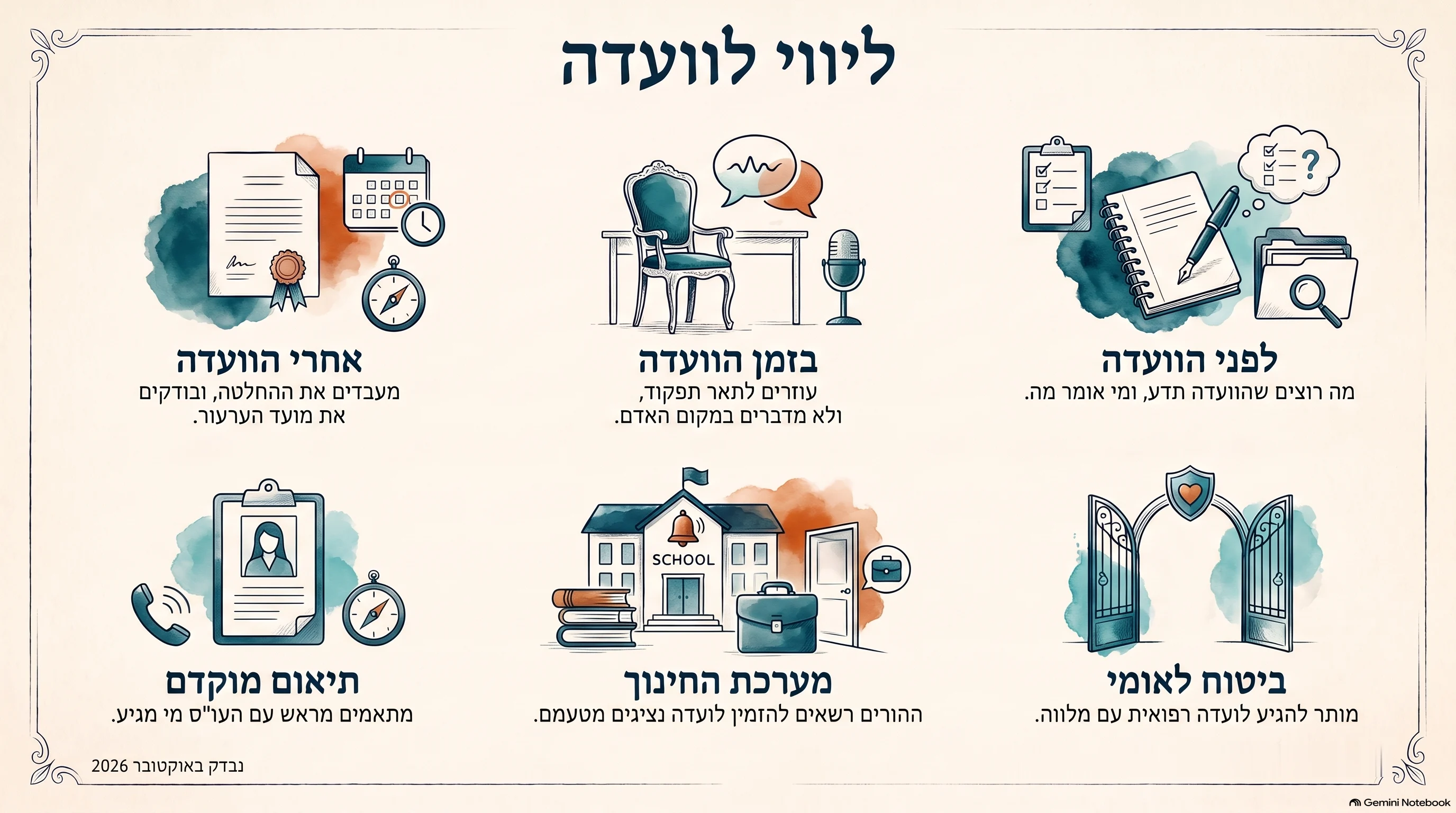 אינפוגרפיקה בשם "ליווי לוועדה". שישה שלבים ברשת של שתי שורות ושלוש עמודות: לפני הוועדה — מה רוצים שהוועדה תדע, ומי אומר מה; תיאום מוקדם — מתאמים מראש עם העו״ס מי מגיע; מערכת החינוך — ההורים רשאים להזמין לוועדה נציגים מטעמם; ביטוח לאומי — מותר להגיע לוועדה רפואית עם מלווה; בזמן הוועדה — עוזרים לתאר תפקוד, ולא מדברים במקום האדם; אחרי הוועדה — מעבדים את ההחלטה, ובודקים את מועד הערעור.
