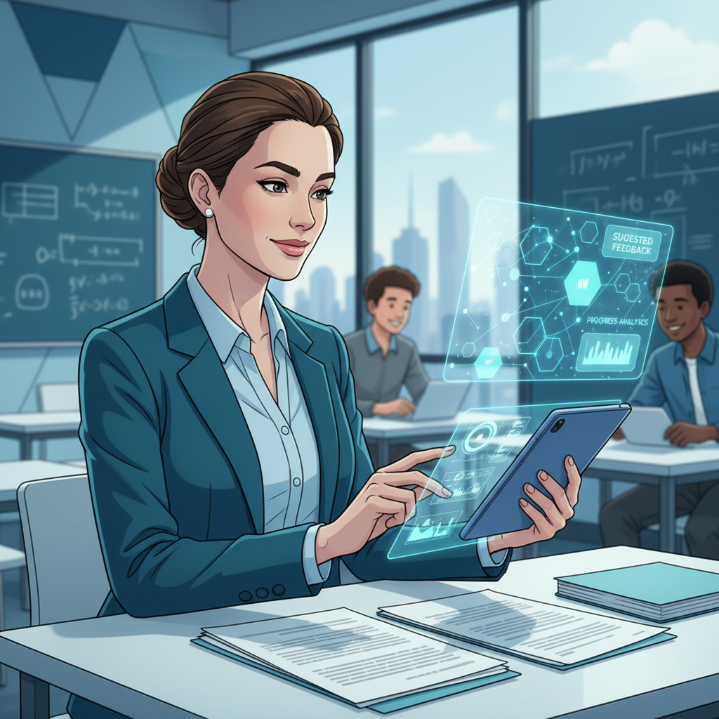 Teacher reviewing student papers with AI assistance