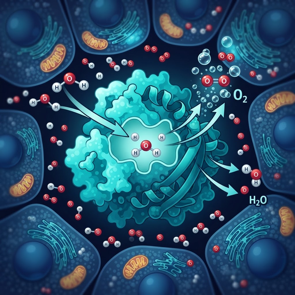 Illustration of catalase enzyme breaking down hydrogen peroxide into water and oxygen