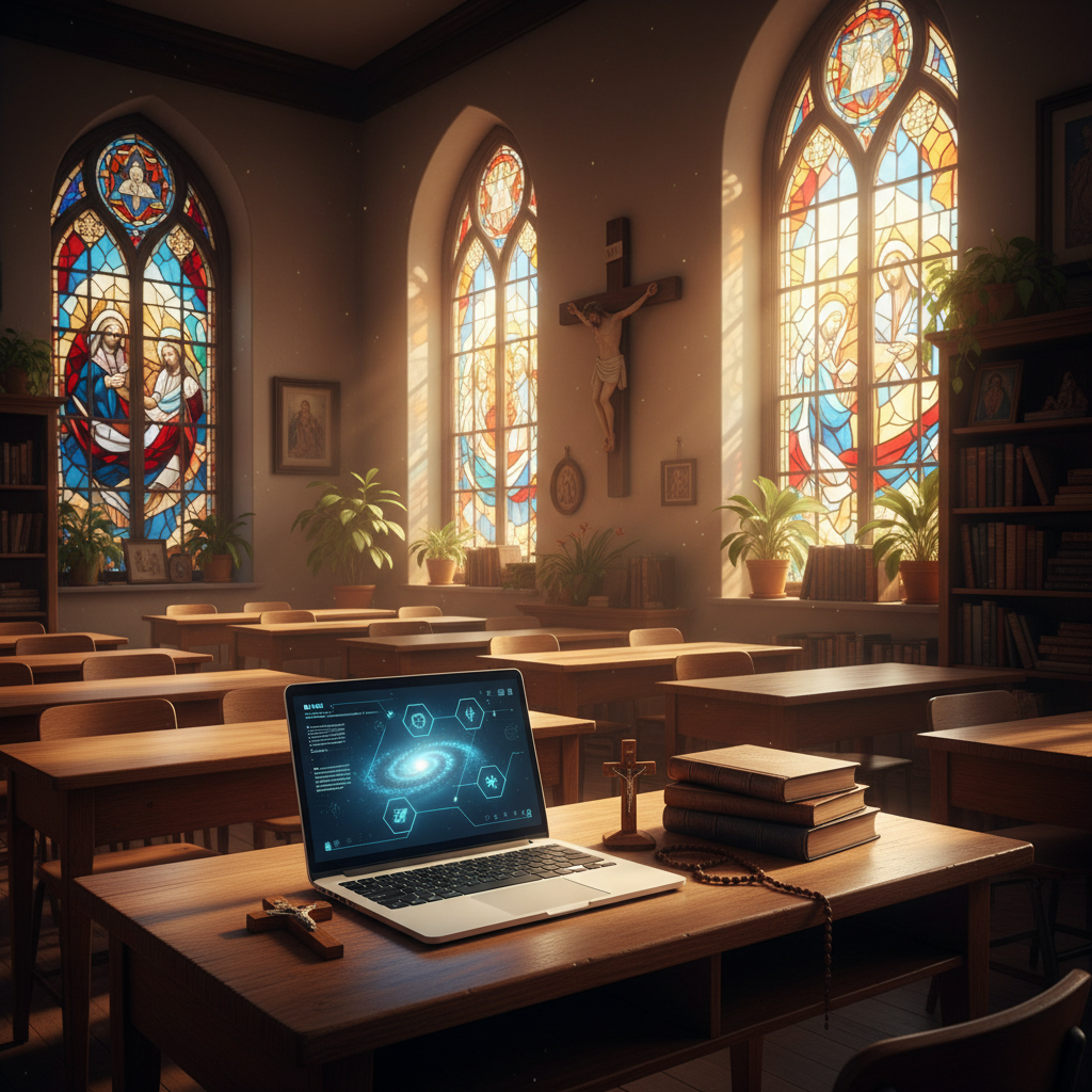 Catholic school classroom with stained glass and AI technology