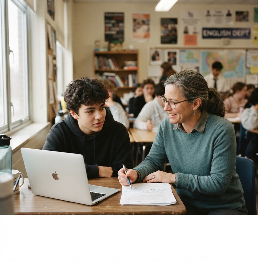 A teacher in conversation with a student, defending their work against a false accusation