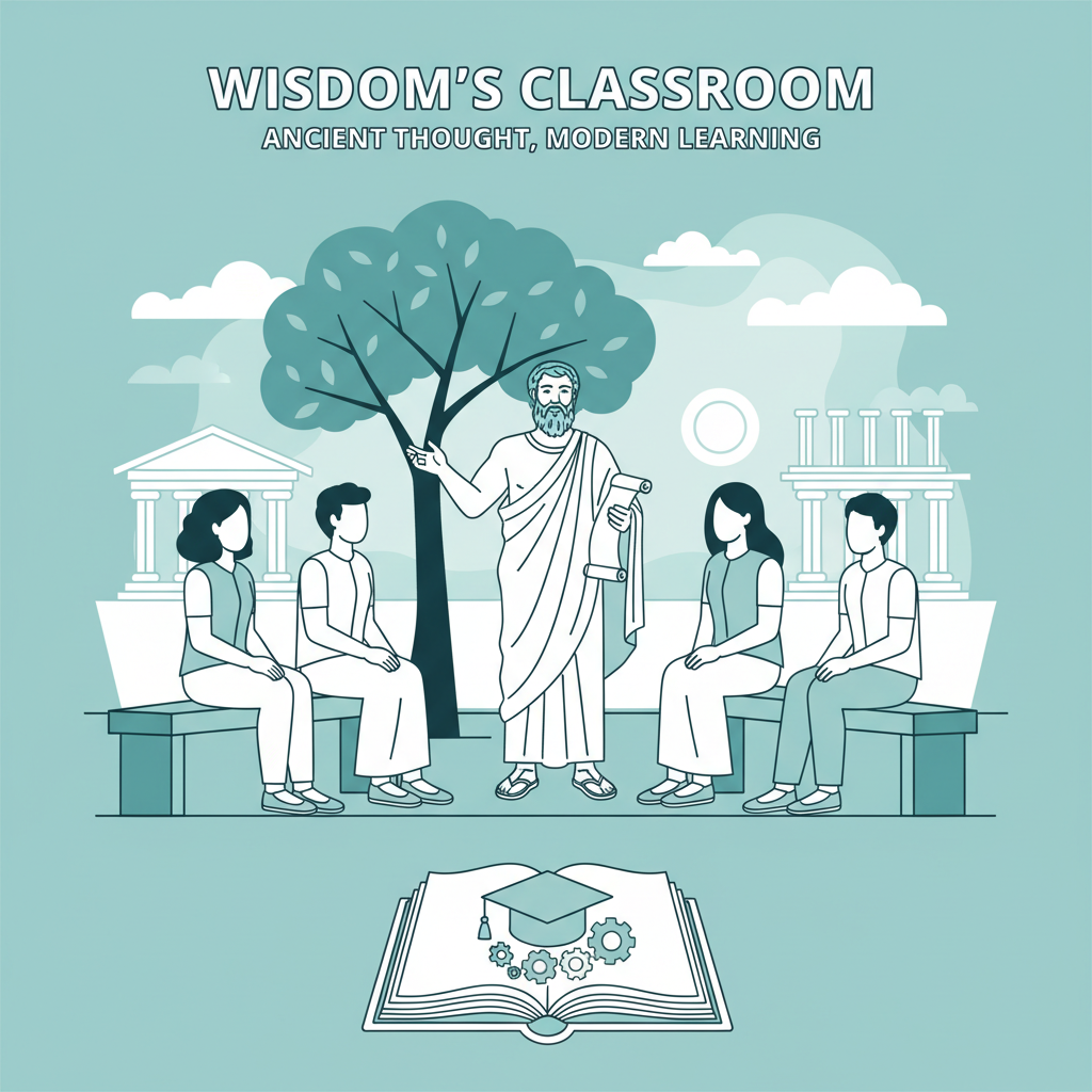 Ancient Greek philosopher teaching students in dialogue