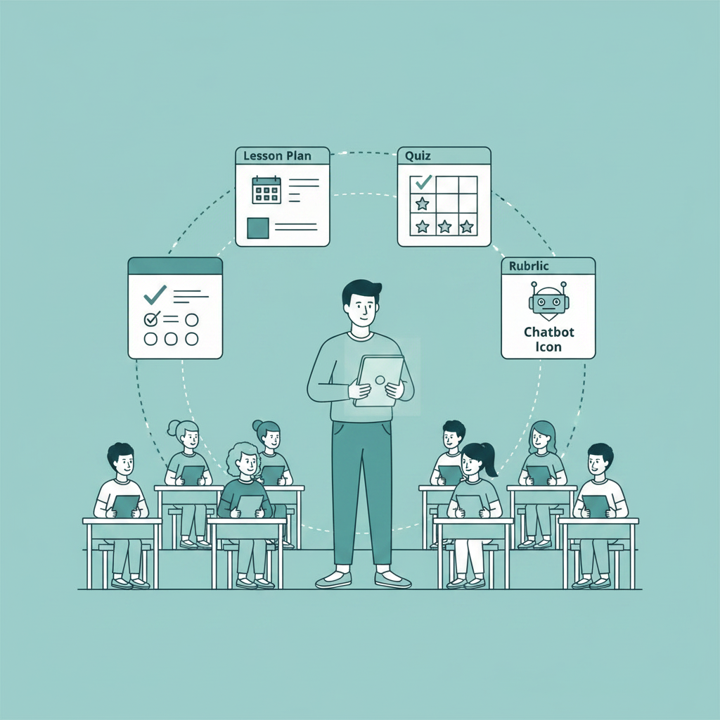 A teacher surrounded by AI-generated lesson materials — lesson plan, quiz, rubric, and chatbot — illustrating the Vibe Teaching workflow