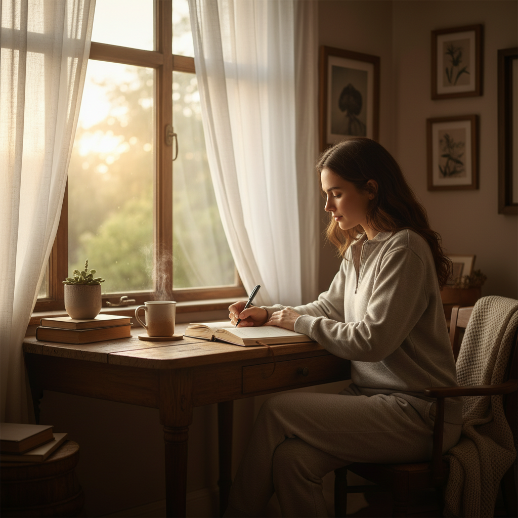 Person journaling daily check-in during AI recovery program