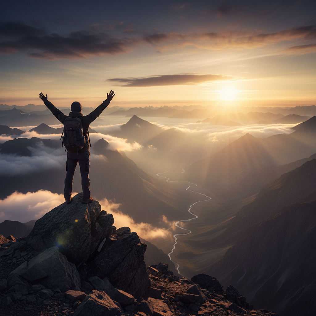 Person celebrating a sobriety milestone at a mountain summit