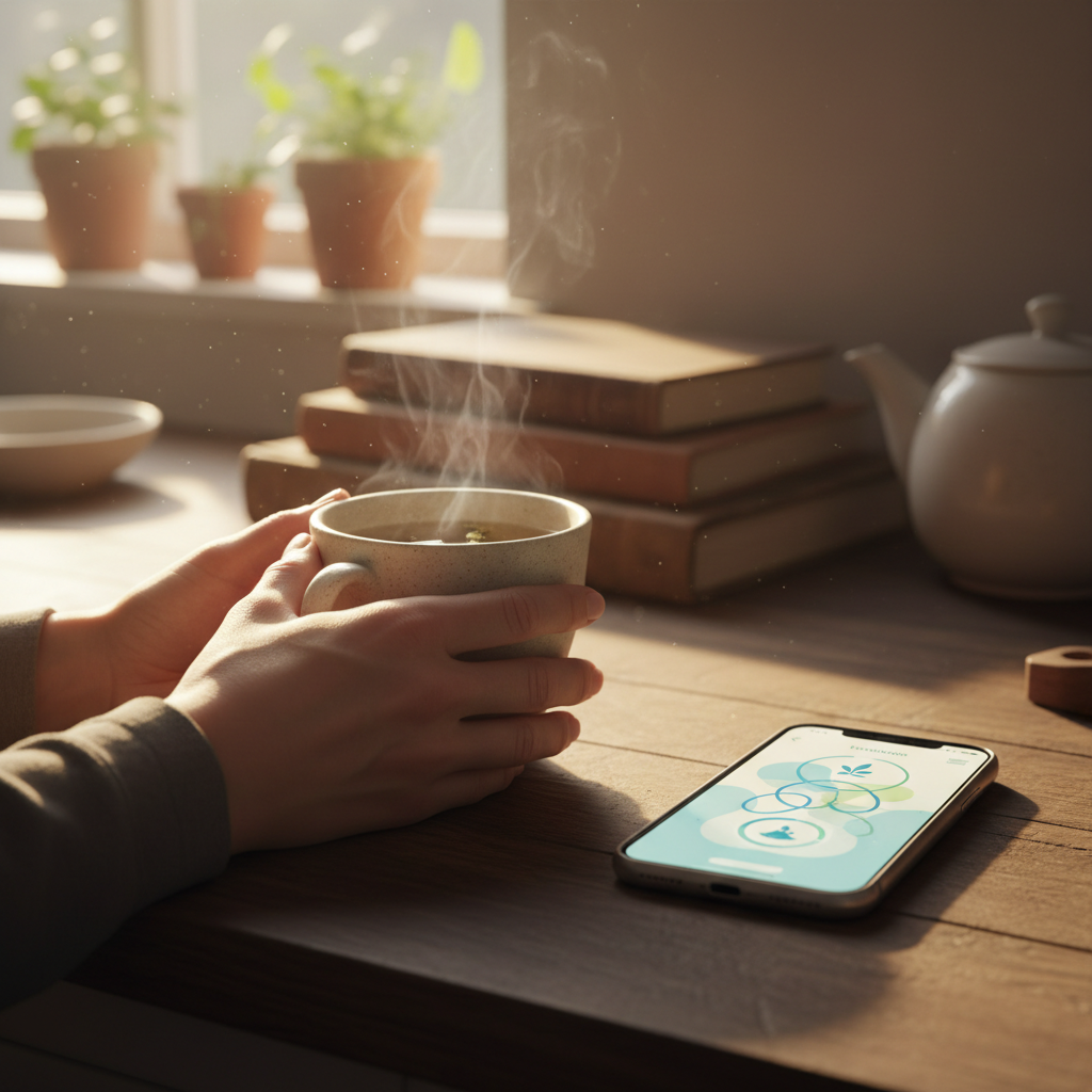 Adult enjoying a quiet moment of recovery support with tea and phone