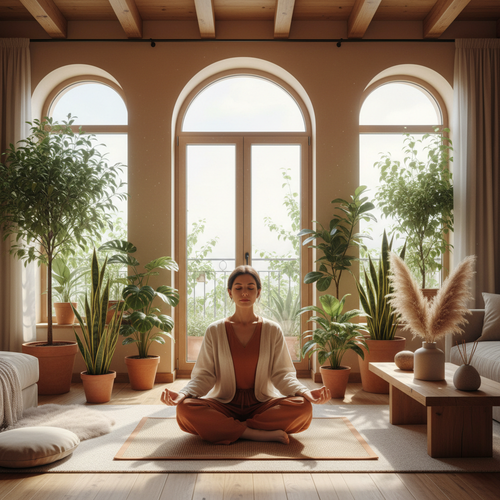 Person practicing yoga and meditation at home during recovery without rehab