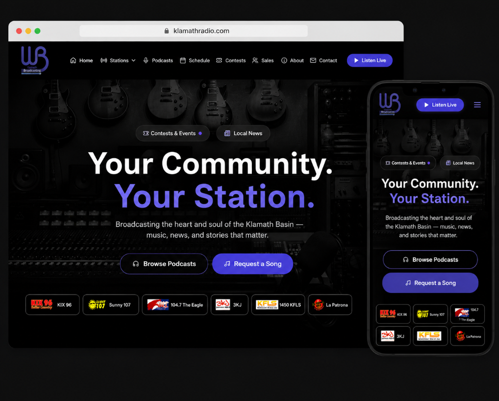 Klamath Radio website shown on desktop and mobile — designed and built by Kaseco