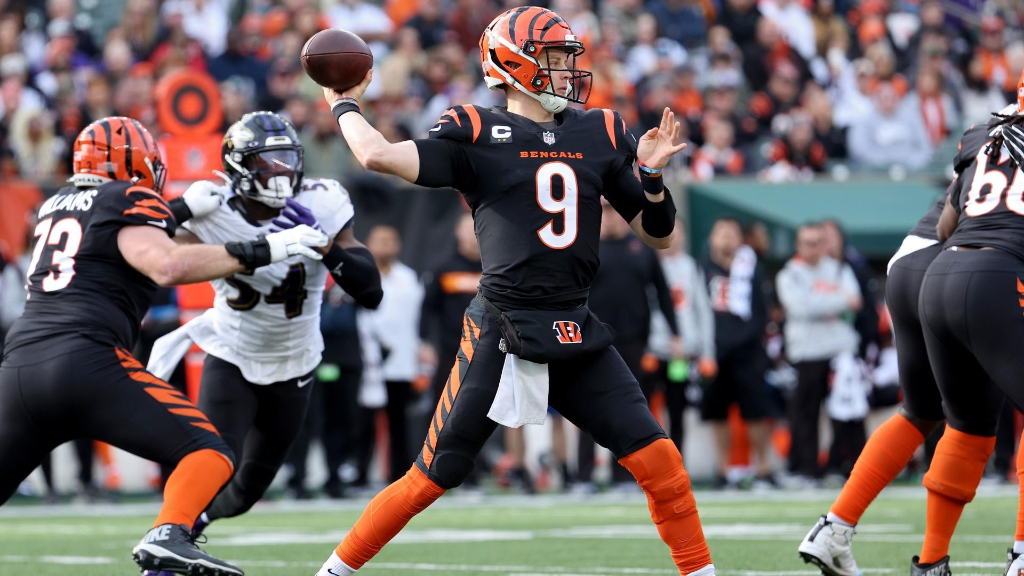 Joe Burrow #9 of the Cincinnati Bengals throwing a pass