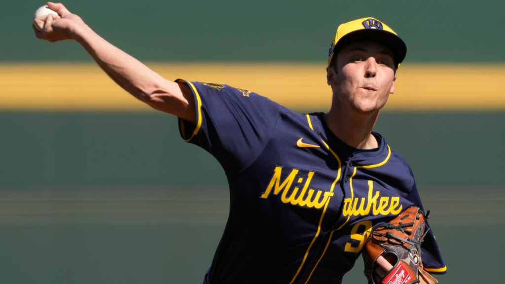Jacob Misiorowski pitching for the Milwaukee Brewers