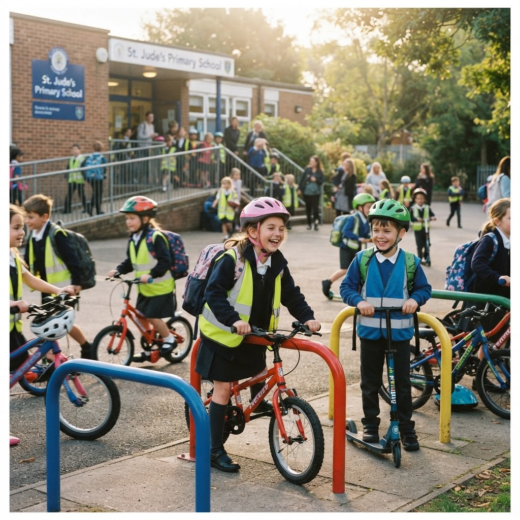 Pupils arriving at school by bike and scooter
